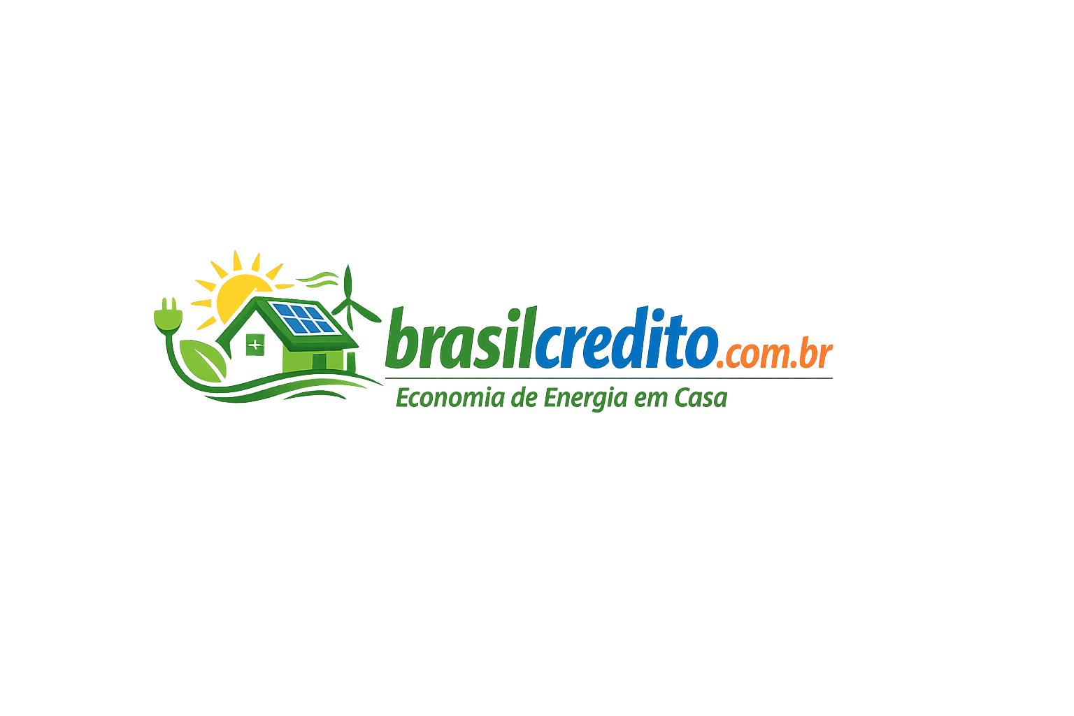 Logo horizontal do Brasil Crédito com elementos de energia sustentável e economia de energia residencial.